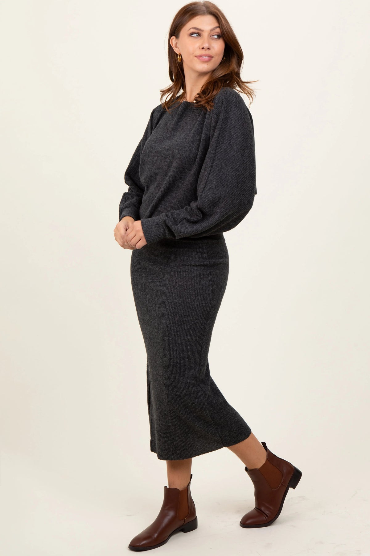 PinkBlush Charcoal Ribbed Knit Asymmetric Top Midi Skirt Set - 