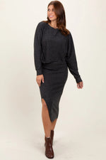 PinkBlush Charcoal Ribbed Knit Asymmetric Top Midi Skirt Set - 