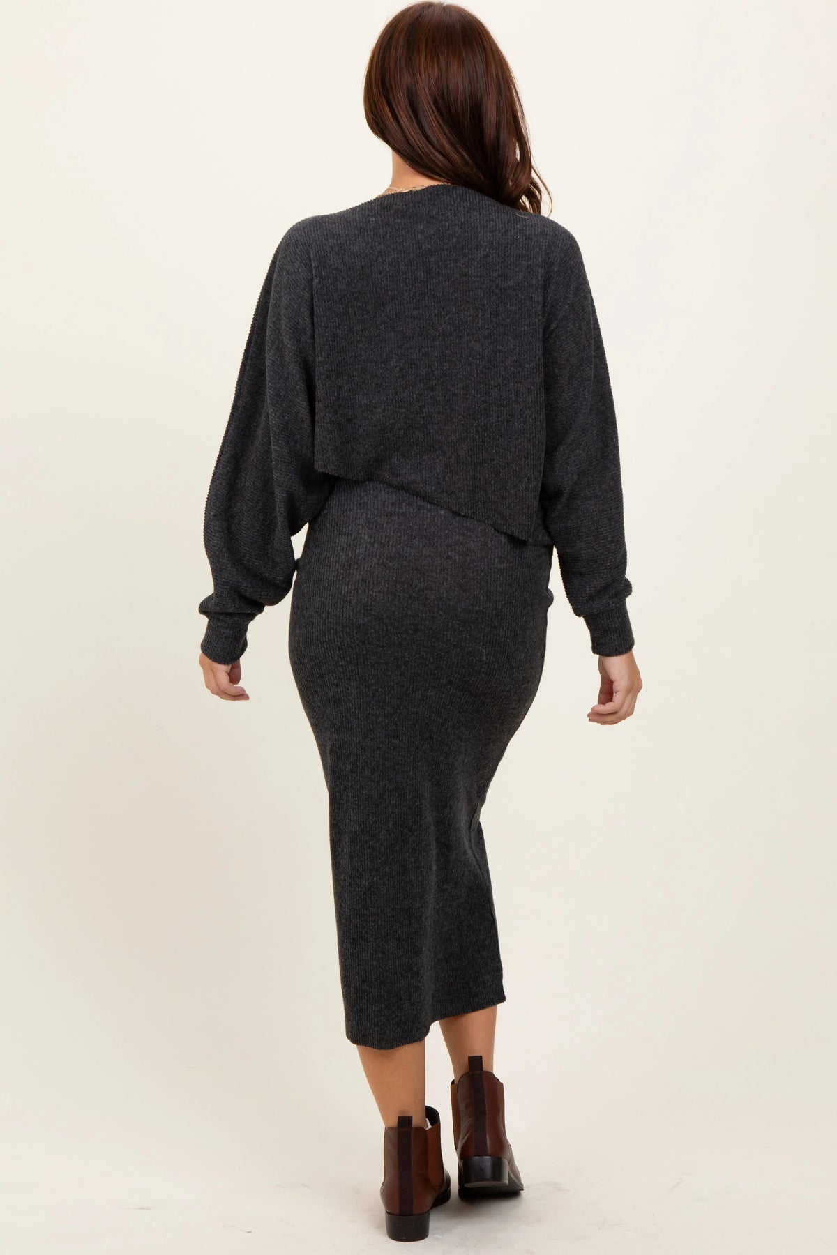PinkBlush Charcoal Ribbed Knit Asymmetric Top Midi Skirt Set - 