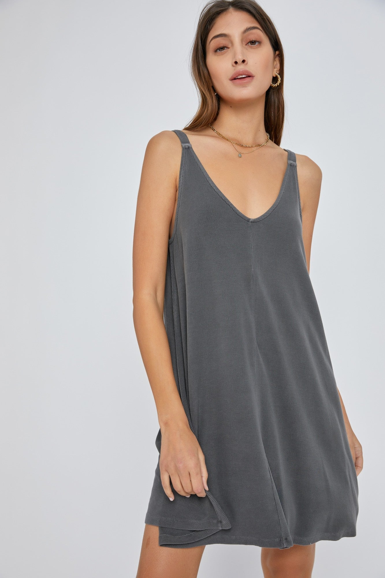Charcoal Ribbed Sleeveless Front Seam Dress - Person, Dress, Necklace | Everetts Place