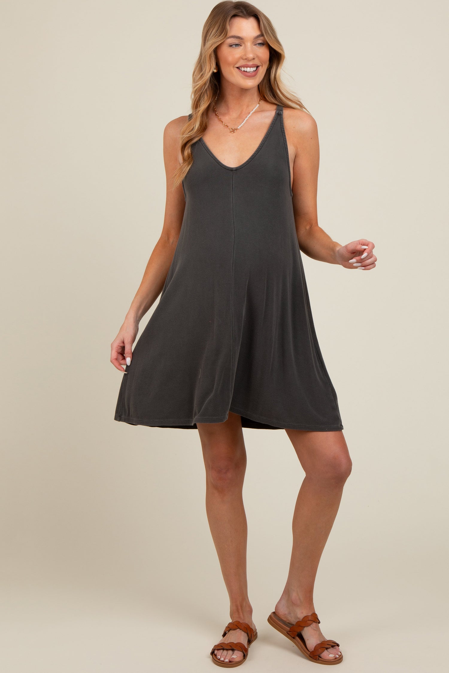 PinkBlush Charcoal Ribbed Sleeveless Front Seam Maternity DressEveretts Place