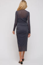 PinkBlush Charcoal Shimmer Mesh Long Sleeve Ruched Maternity Midi Dress - 