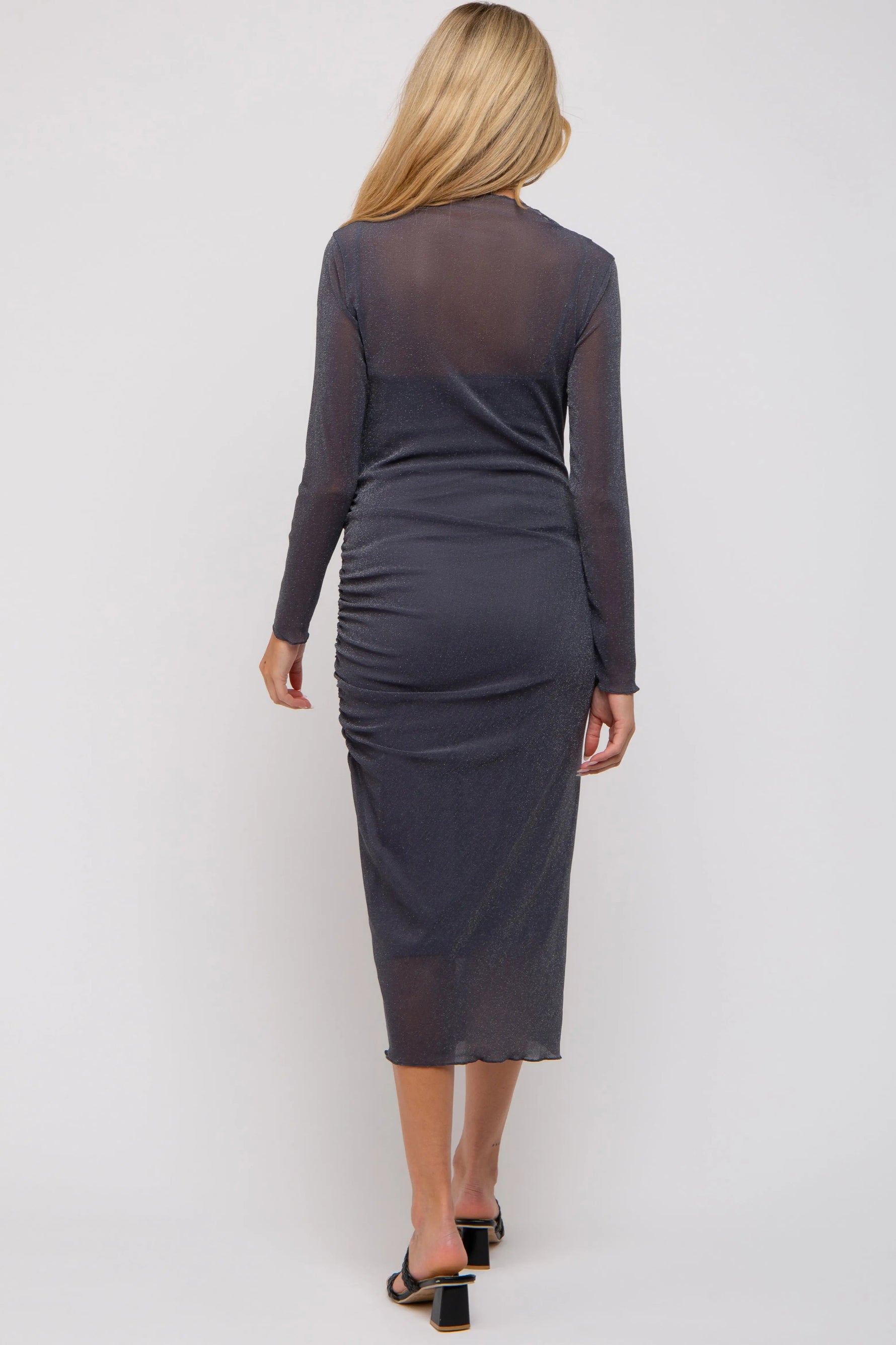 PinkBlush Charcoal Shimmer Mesh Long Sleeve Ruched Maternity Midi Dress - 