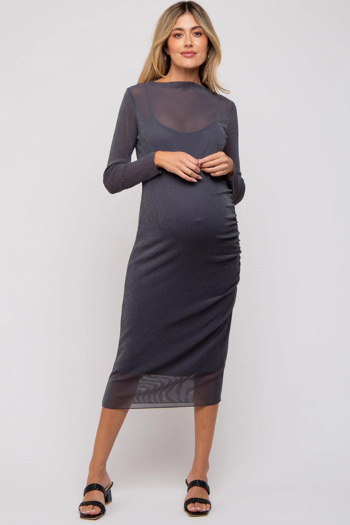PinkBlush Charcoal Shimmer Mesh Long Sleeve Ruched Maternity Midi Dress - 