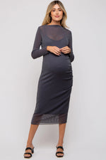 PinkBlush Charcoal Shimmer Mesh Long Sleeve Ruched Maternity Midi Dress - 