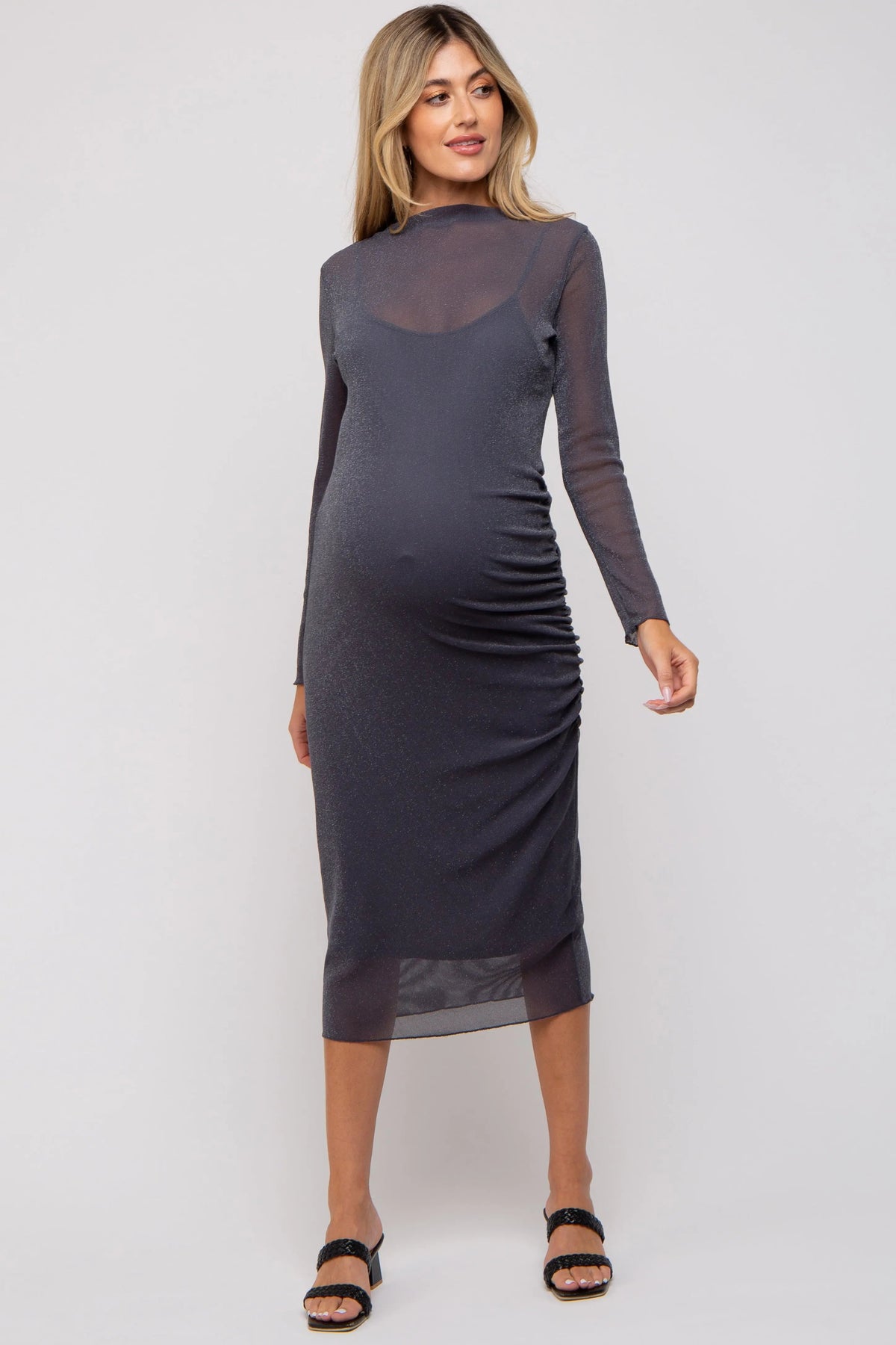 PinkBlush Charcoal Shimmer Mesh Long Sleeve Ruched Maternity Midi Dress - 