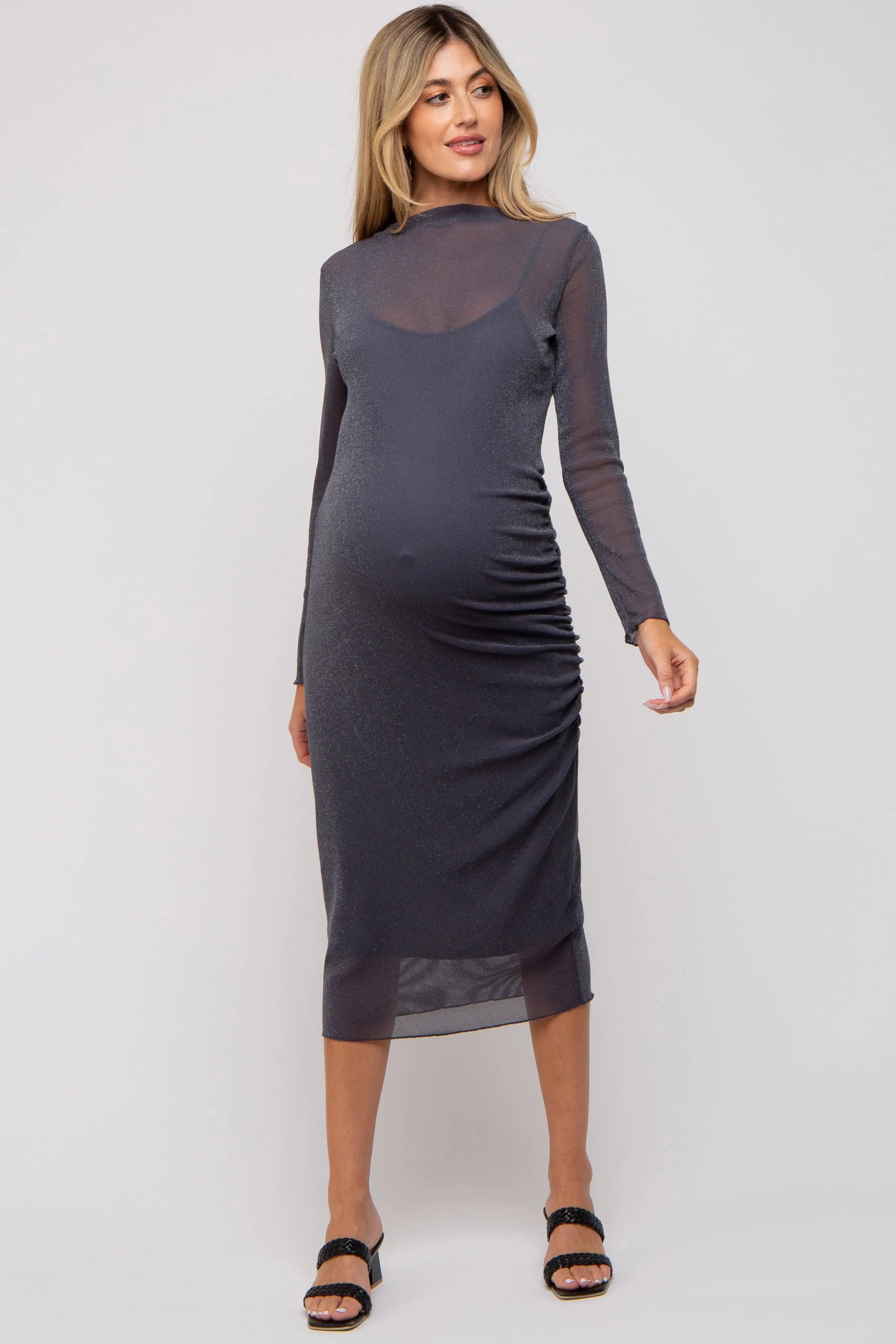 PinkBlush Charcoal Shimmer Mesh Long Sleeve Ruched Maternity Midi Dress - 