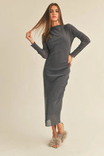 PinkBlush Charcoal Shimmer Mesh Long Sleeve Ruched Maternity Midi Dress - 