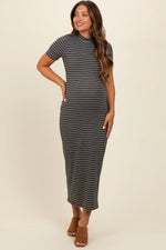 PinkBlush Charcoal Striped Mock Neck Fitted Maternity Midi Dress - 