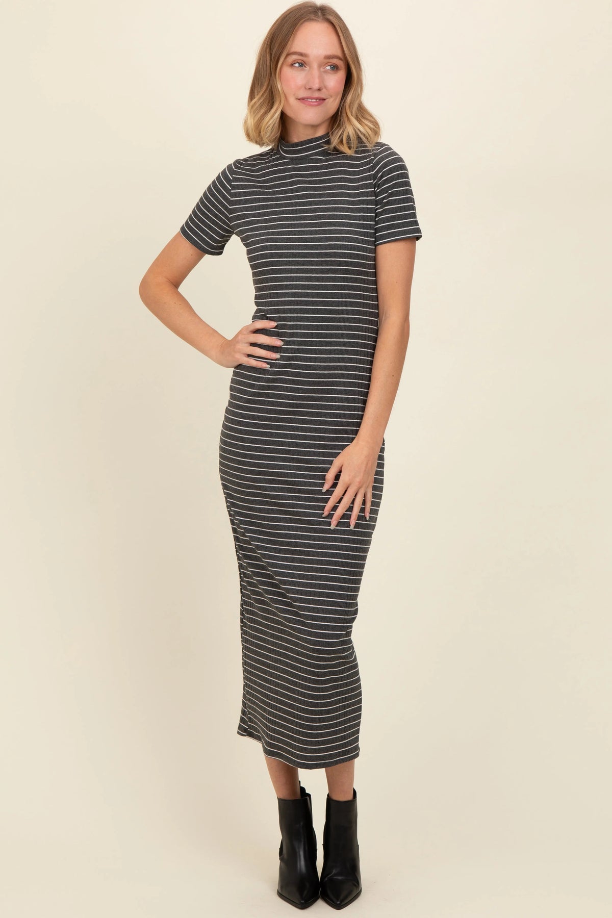 PinkBlush Charcoal Striped Mock Neck Fitted Midi Dress - 