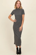 PinkBlush Charcoal Striped Mock Neck Fitted Midi Dress - 