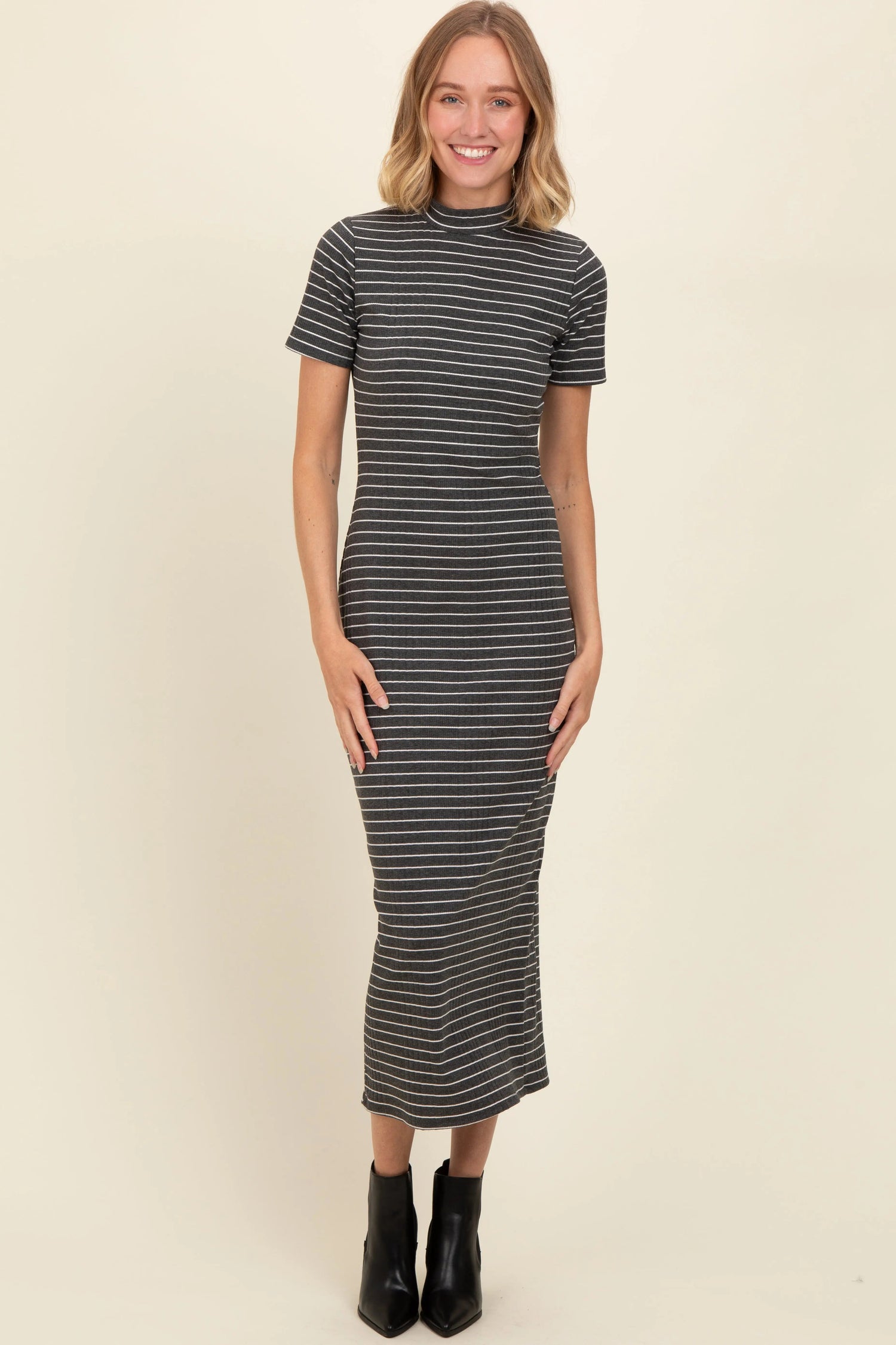 PinkBlush Charcoal Striped Mock Neck Fitted Midi Dress - 