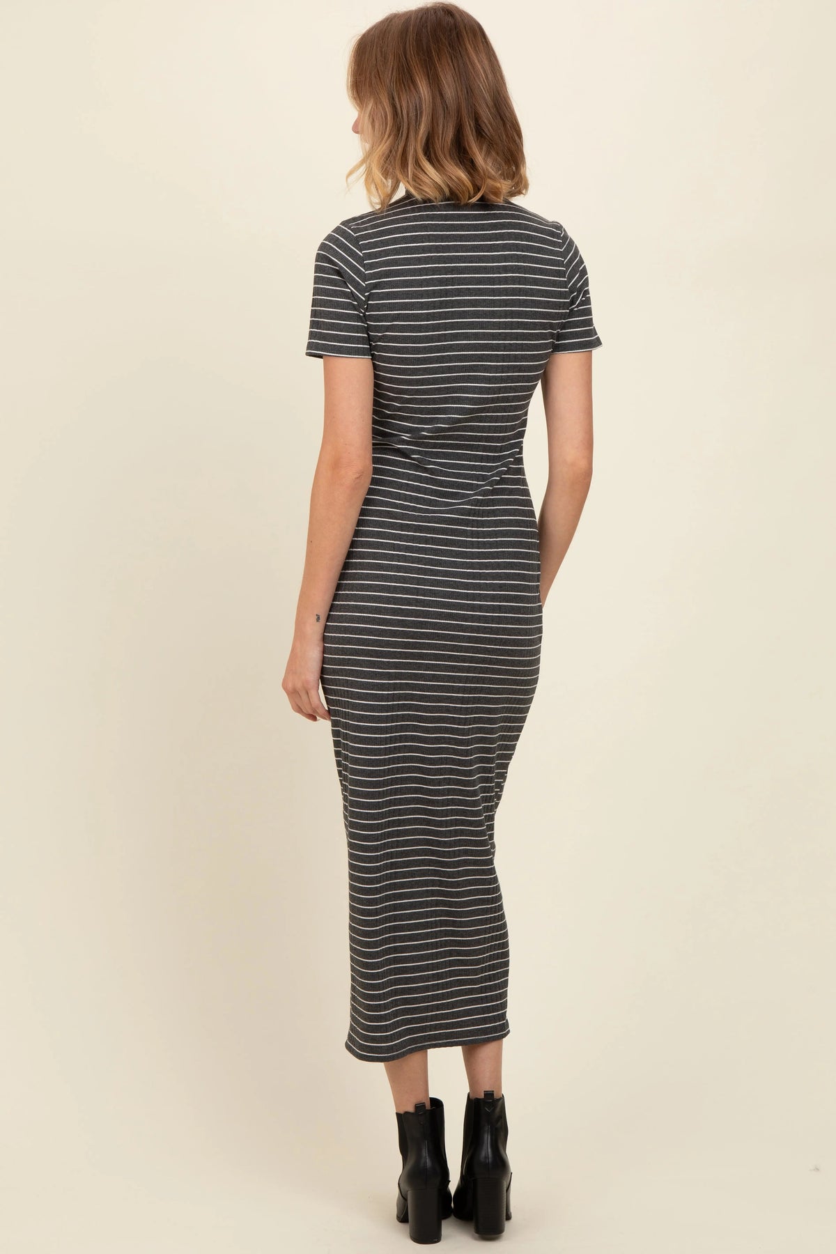 PinkBlush Charcoal Striped Mock Neck Fitted Midi Dress - 