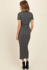 PinkBlush Charcoal Striped Mock Neck Fitted Midi Dress - 