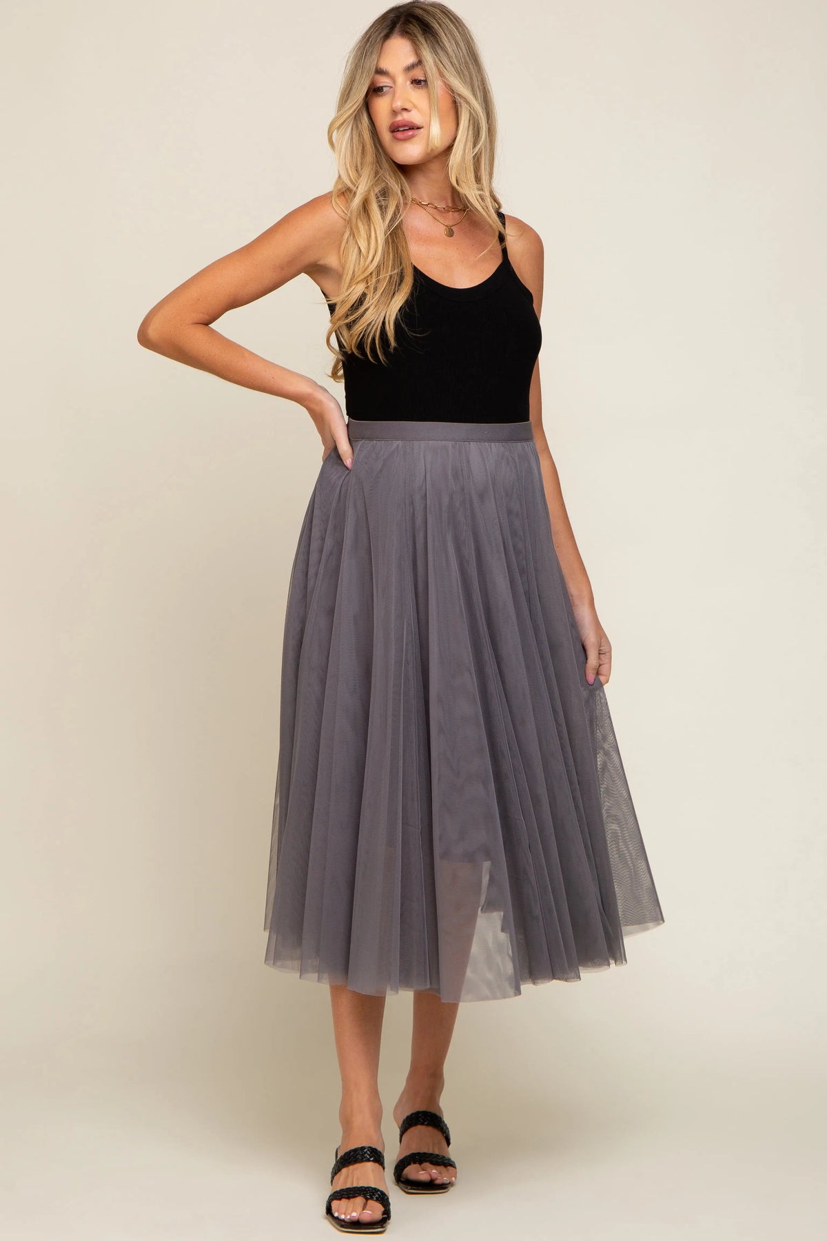 PinkBlush Charcoal Tulle Maternity Midi Skirt - 
