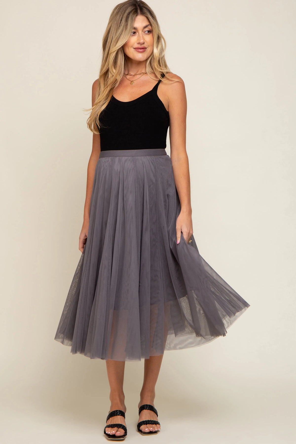 PinkBlush Charcoal Tulle Maternity Midi Skirt - 
