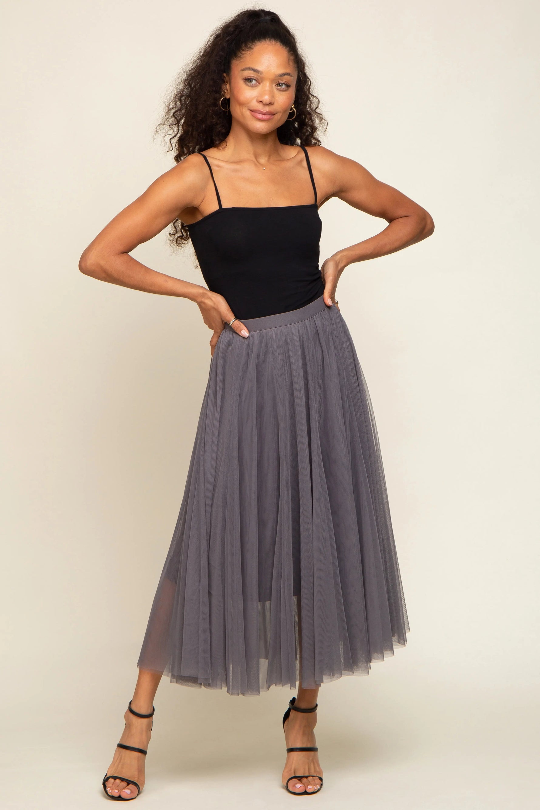 PinkBlush Charcoal Tulle Maternity Midi Skirt - 