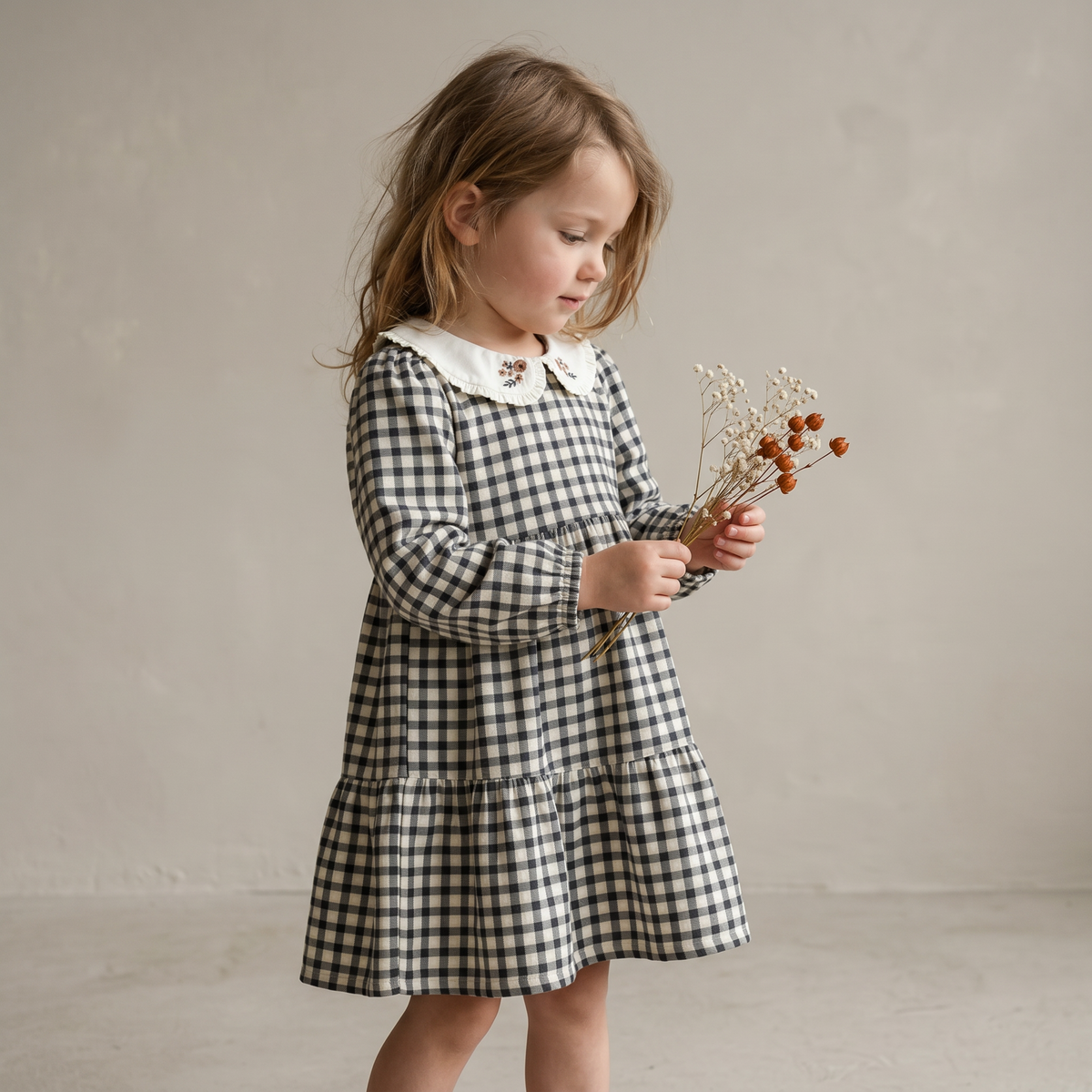 Organic Collar Tiered Dress - Charcoal Plaid by Makemake Organics