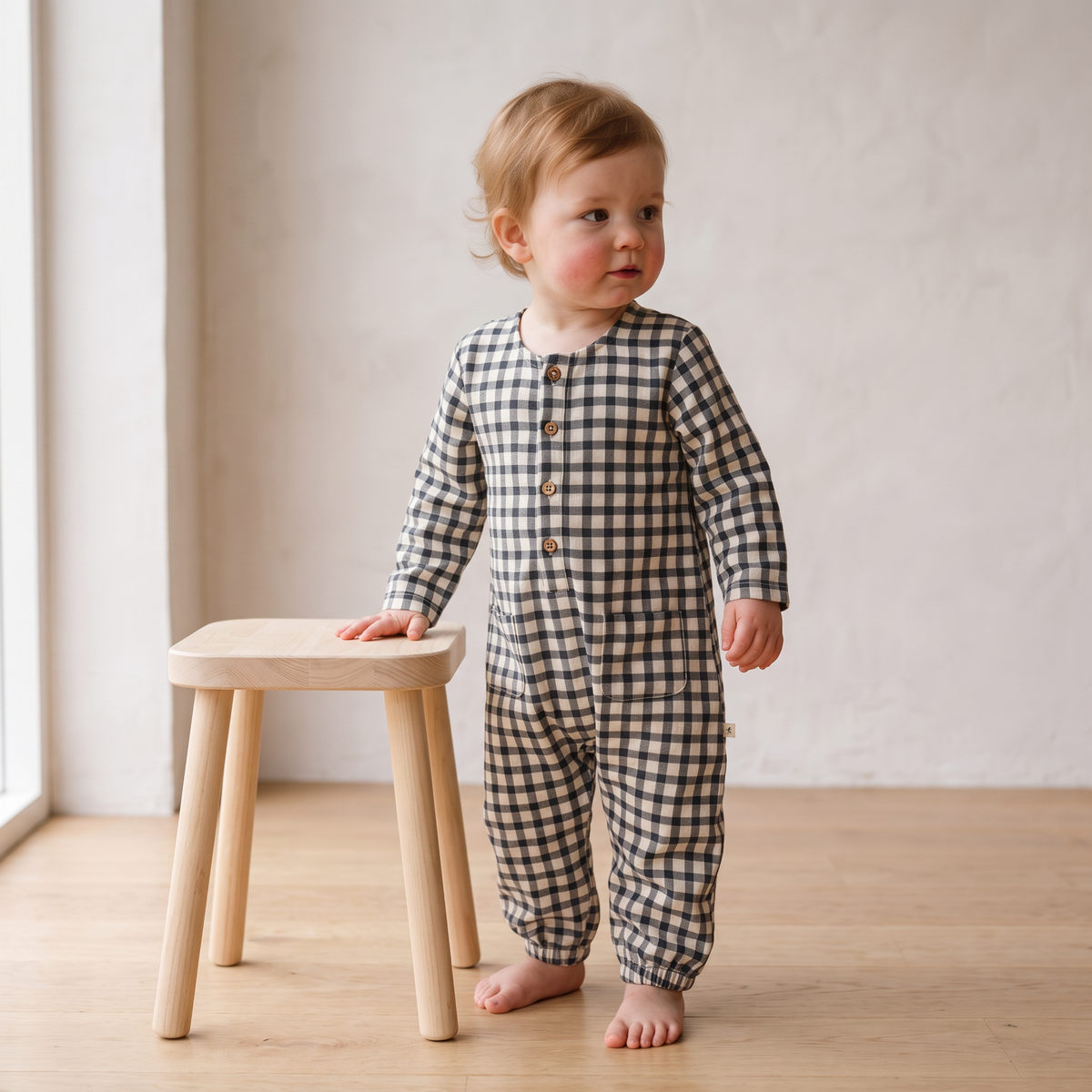 Organic Long Sleeve Button Romper - Charcoal Plaid by Makemake Organics