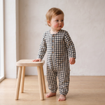 Organic Long Sleeve Button Romper - Charcoal Plaid by Makemake Organics