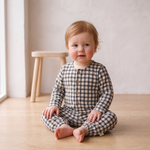 Organic Long Sleeve Button Romper - Charcoal Plaid by Makemake Organics