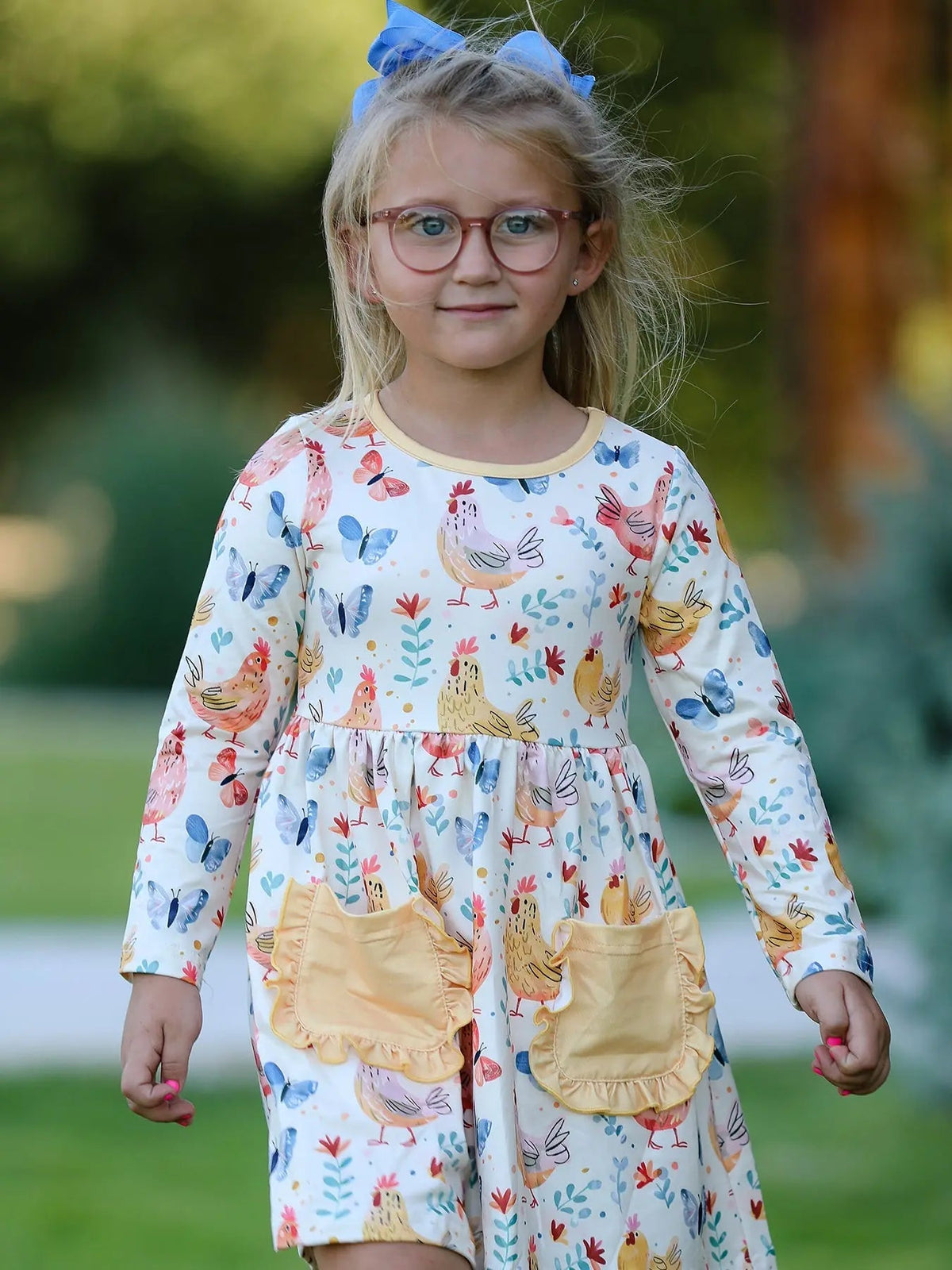 Rylee Faith Designs Charming Chicken & Butterfly Girls Dress with Cute Ruffled Pockets - 