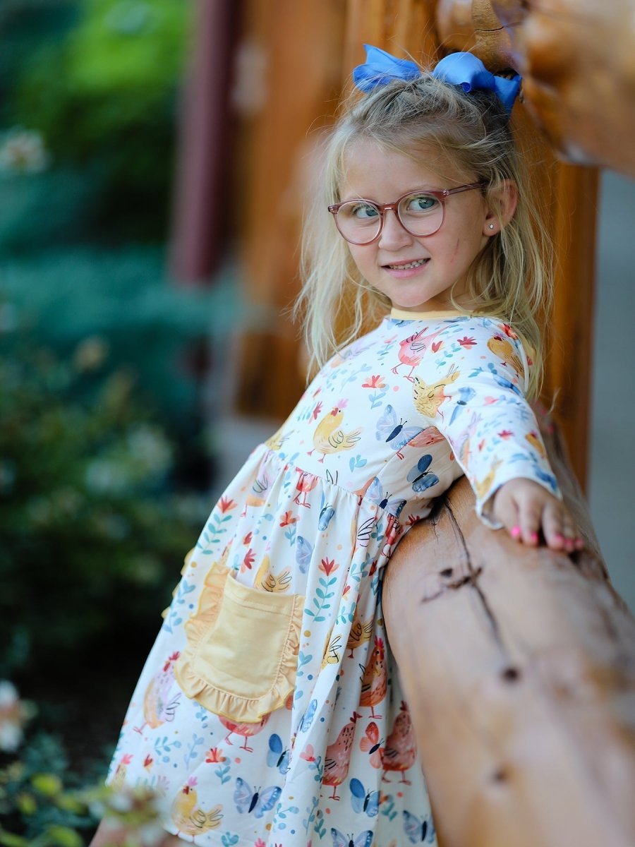 Rylee Faith Designs Charming Chicken & Butterfly Girls Dress with Cute Ruffled Pockets - 