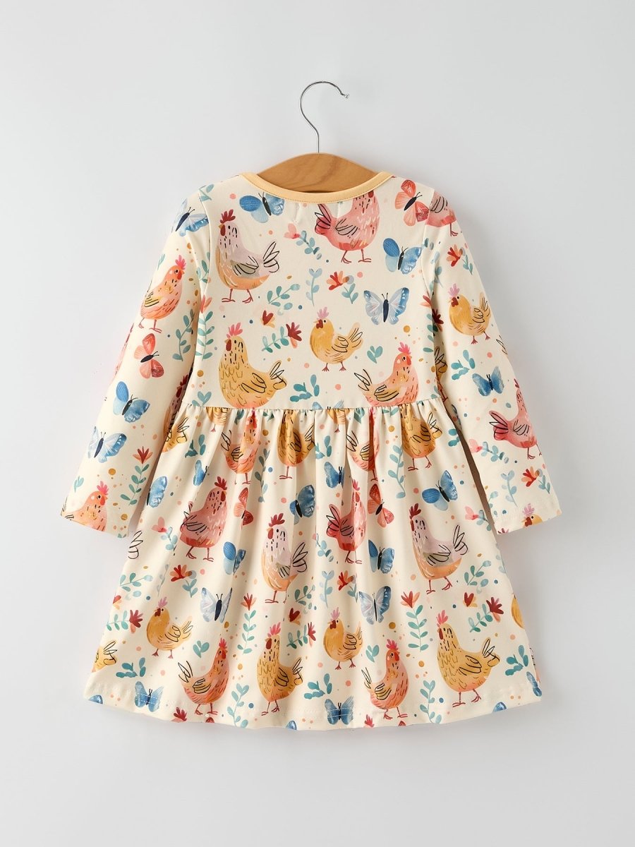Rylee Faith Designs Charming Chicken & Butterfly Girls Dress with Cute Ruffled Pockets - 