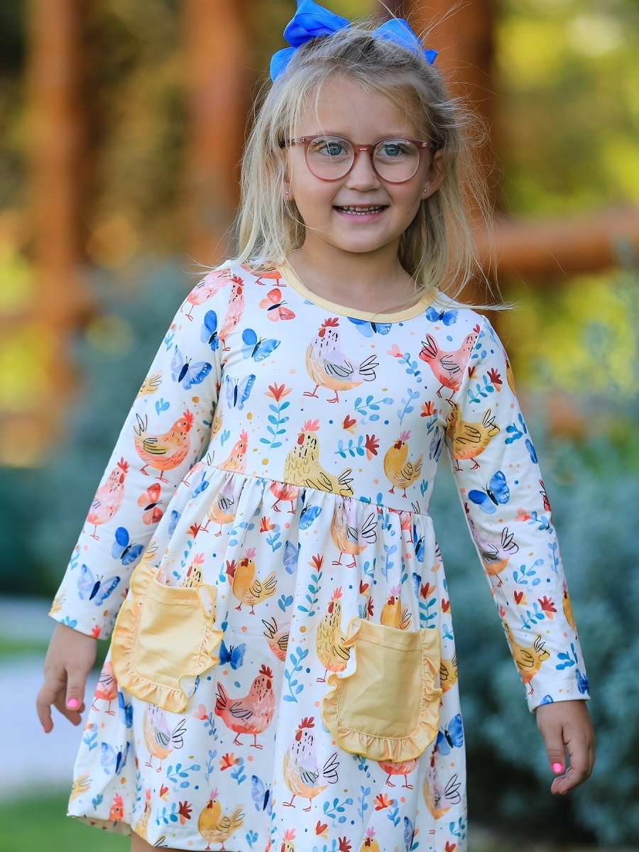 Rylee Faith Designs Charming Chicken & Butterfly Girls Dress with Cute Ruffled Pockets - 