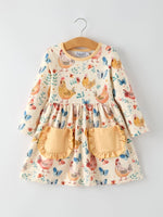 Rylee Faith Designs Charming Chicken & Butterfly Girls Dress with Cute Ruffled Pockets - 