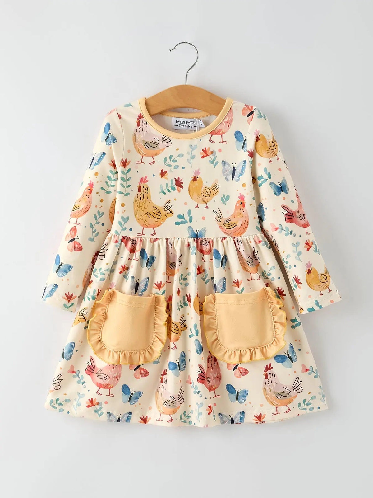 Rylee Faith Designs Charming Chicken & Butterfly Girls Dress with Cute Ruffled Pockets - 