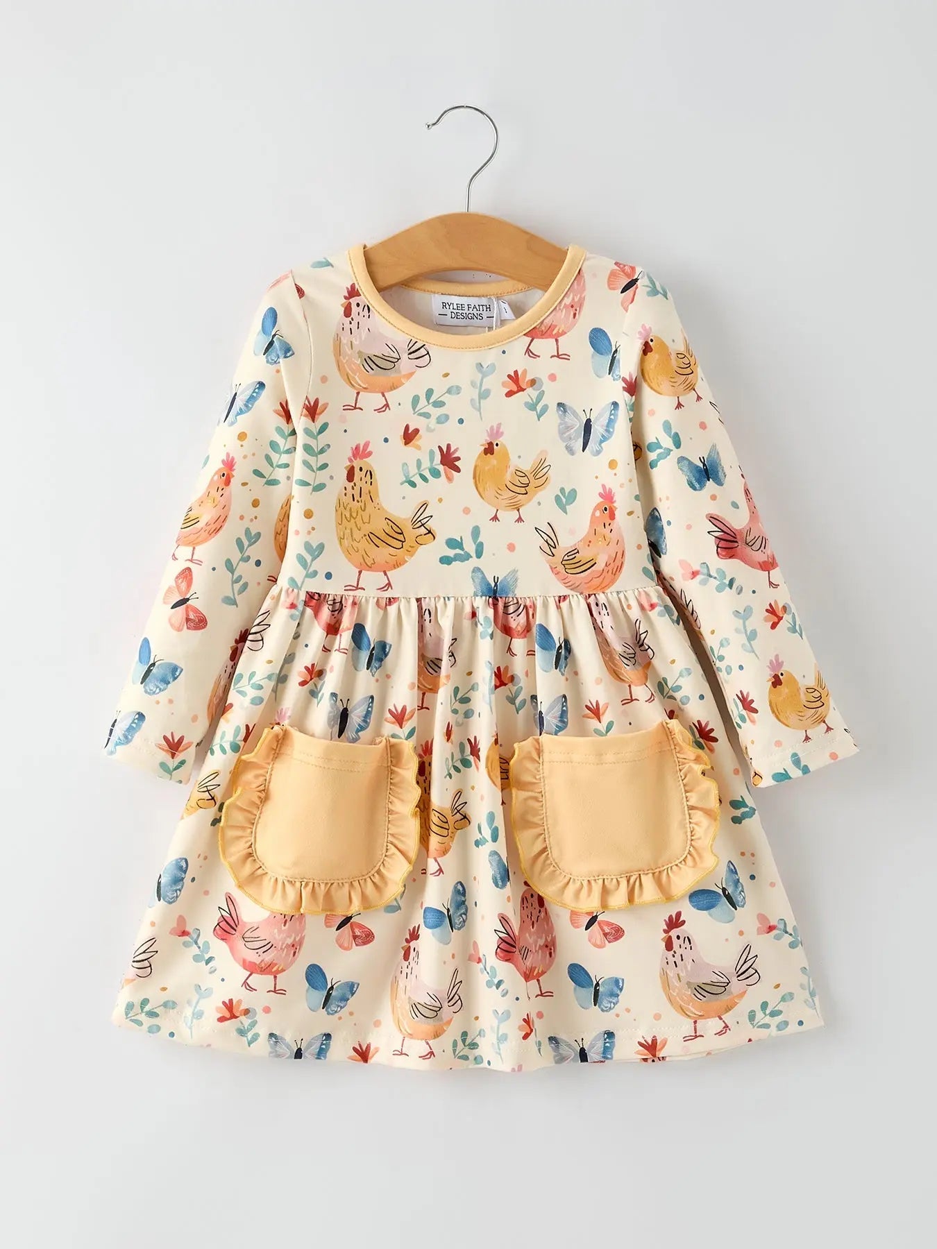 Rylee Faith Designs Charming Chicken & Butterfly Girls Dress with Cute Ruffled Pockets - 