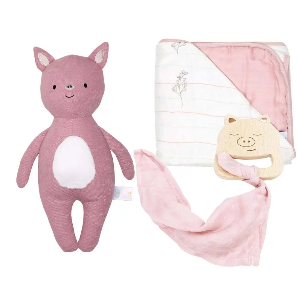Goosewaddle® | Newborn Baby Blankets Toys Teethers Bibs & More Charming Pink Pig Gift Set with Whimsical Design