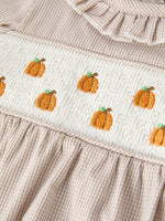 Rylee Faith Designs Charming Plaid Baby Girl Romper with Pumpkin Embroidery for Fall Festivities - 