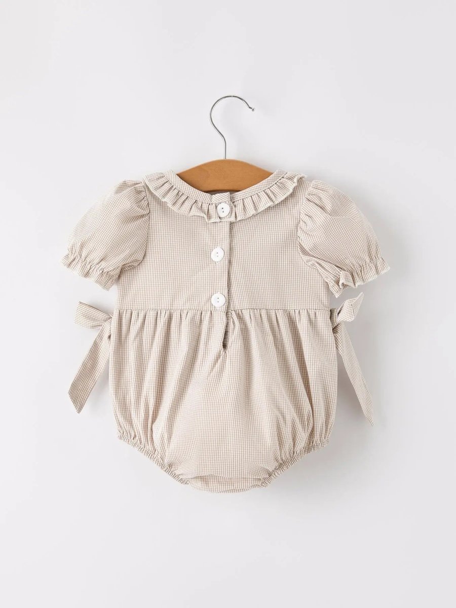 Rylee Faith Designs Charming Plaid Baby Girl Romper with Pumpkin Embroidery for Fall Festivities - 