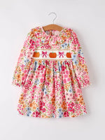 Rylee Faith Designs Charming Pumpkin Bow Smock Dress with Embroidery for Fall Celebrations - 