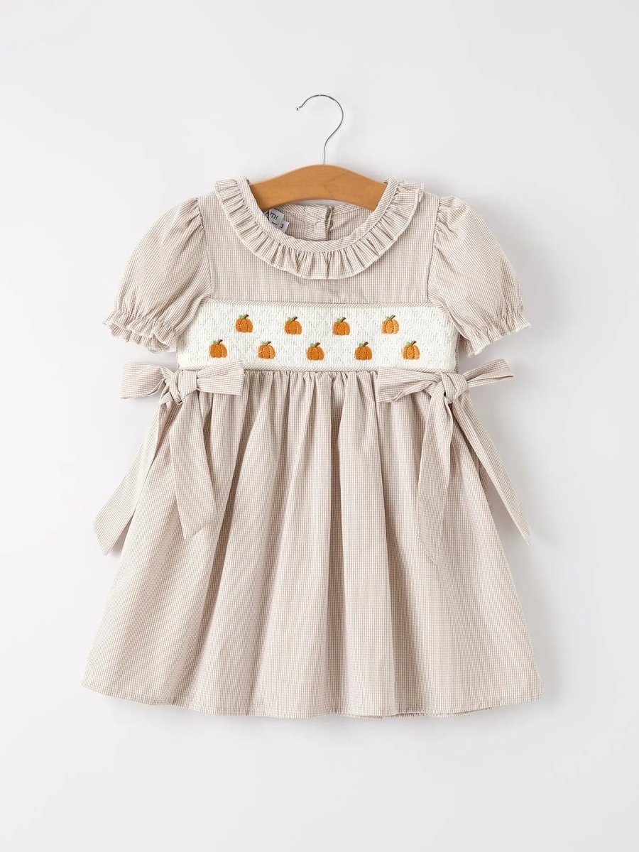 Rylee Faith Designs Charming Pumpkin Embroidery Plaid Dress for Girls During Fall Celebrations - 