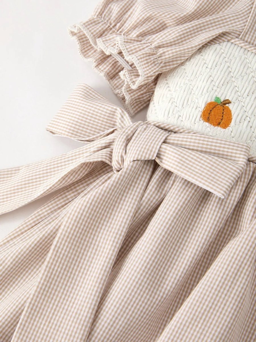 Rylee Faith Designs Charming Pumpkin Embroidery Plaid Dress for Girls During Fall Celebrations - 