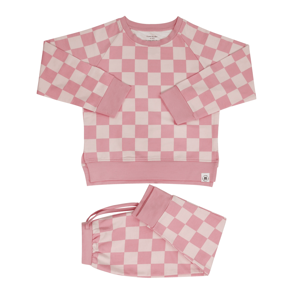 Sweet Bamboo Checker Baby Pink Crew Neck Jogger Set - 