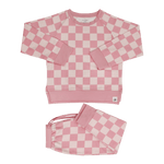 Sweet Bamboo Checker Baby Pink Crew Neck Jogger Set - 