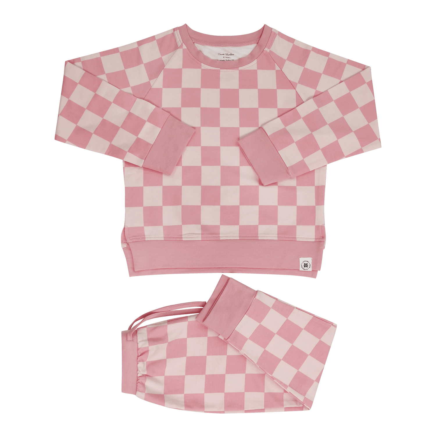 Sweet Bamboo Checker Baby Pink Crew Neck Jogger Set - 