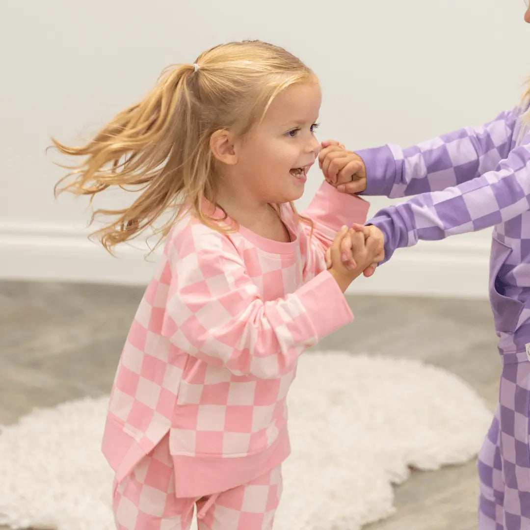 Sweet Bamboo Checker Baby Pink Crew Neck Jogger Set - 