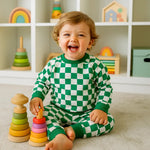 Sweet Bamboo Checker Greatest Green Crew Neck Jogger Set - 