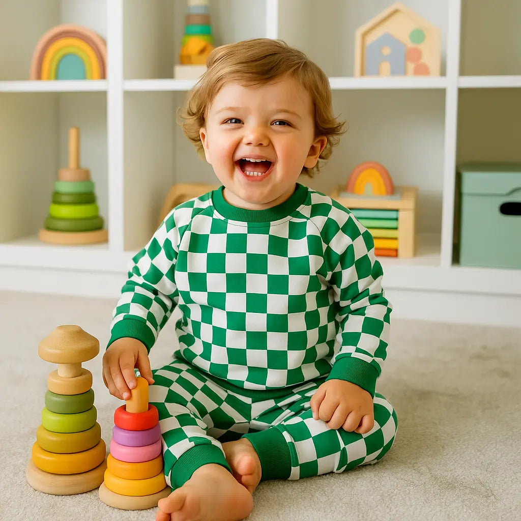 Sweet Bamboo Checker Greatest Green Crew Neck Jogger Set - 