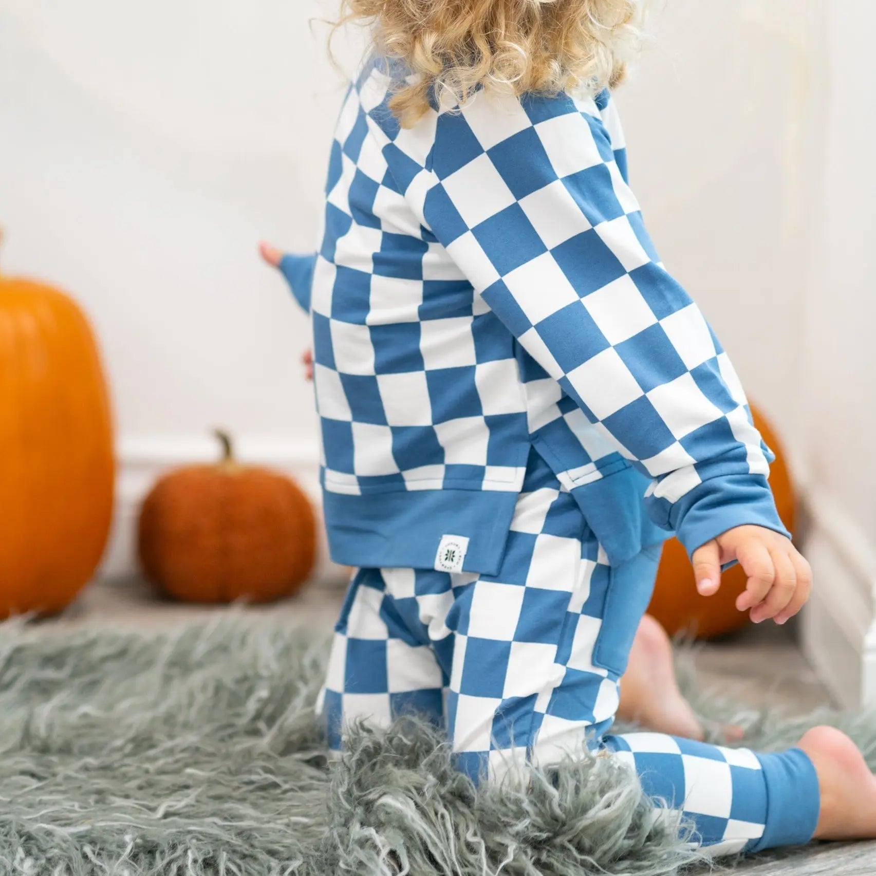 Sweet Bamboo Checker Moody Blue Crew Neck Jogger Set - 