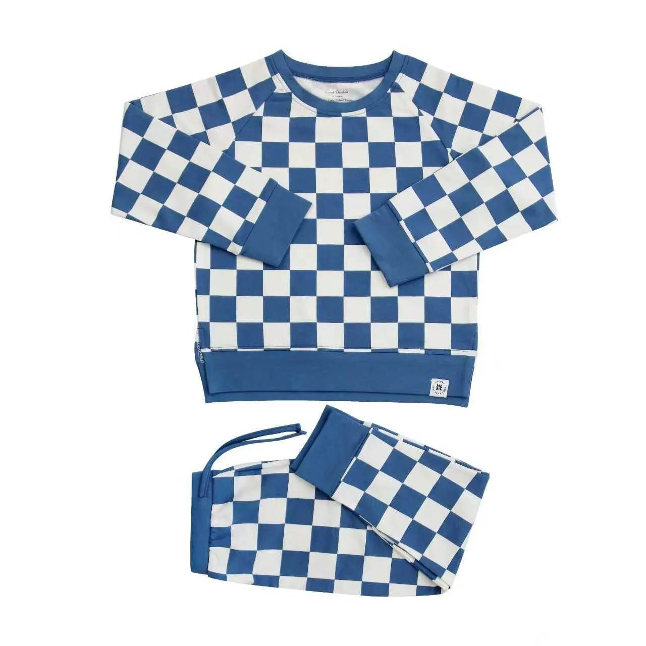 Sweet Bamboo Checker Moody Blue Crew Neck Jogger Set - 