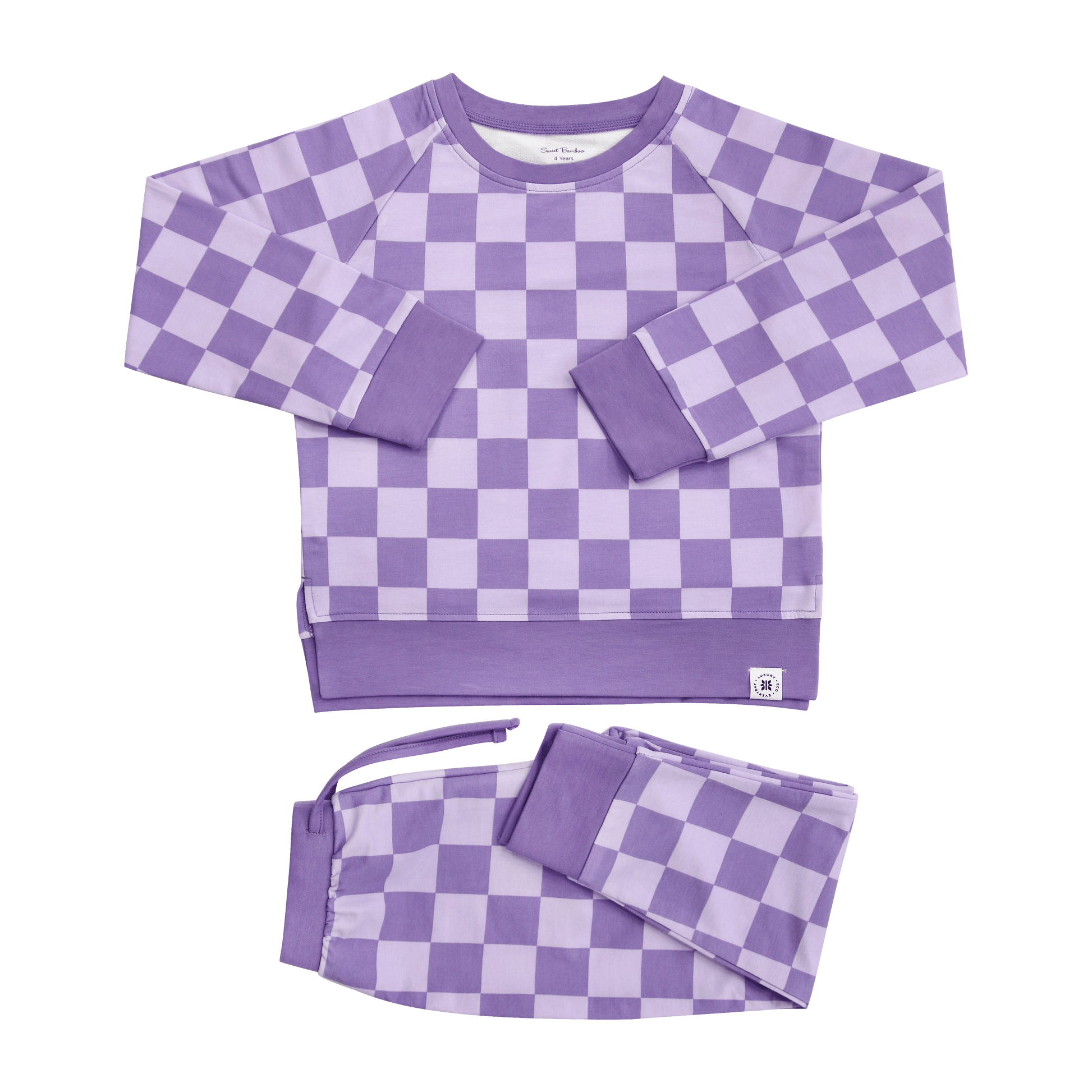 Sweet Bamboo Checker Purple Haze Kids Crew Neck Jogger Set With Pocket - Apparel & Accessories > Clothing > Baby & Toddler Clothing > Baby & Toddler Outfits Crew Neck Jogger Sets
