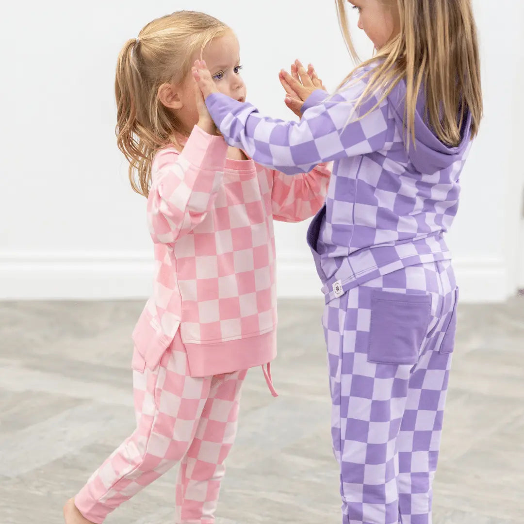Sweet Bamboo Checker Purple Haze Crew Neck Jogger Set - 
