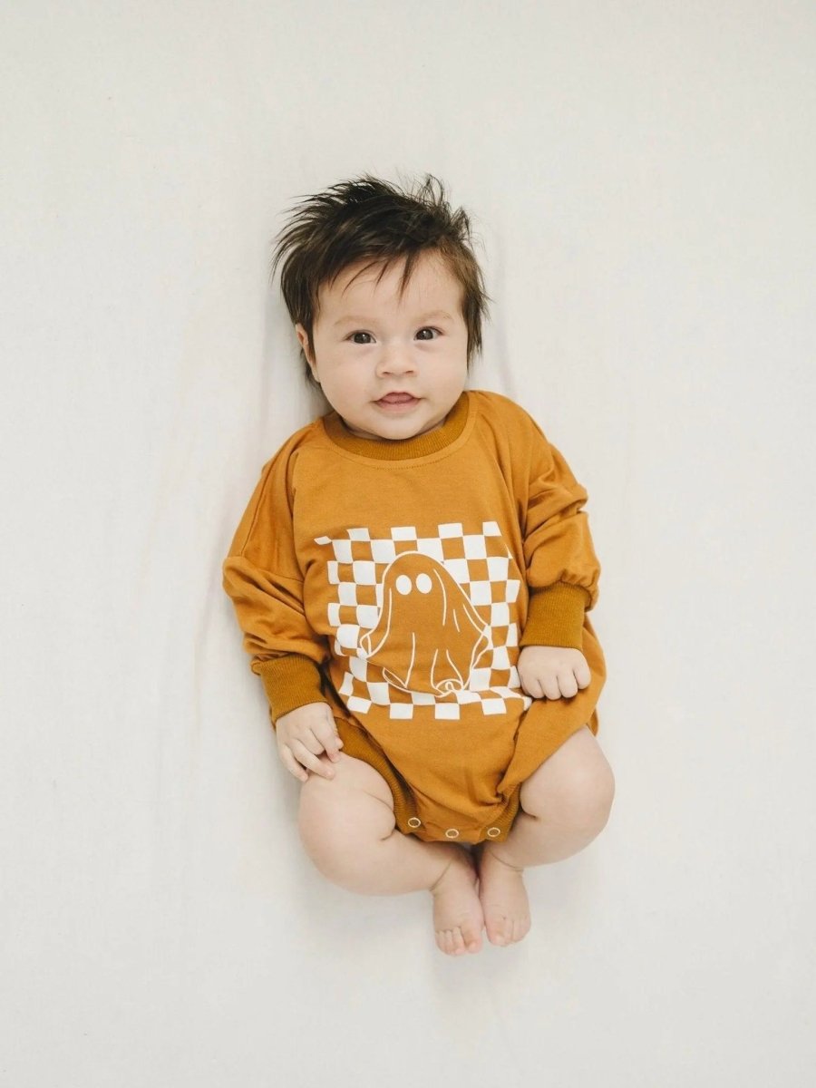 Little Joy Co. Checkered Ghost Bamboo Sweatshirt Romper For Babies - Everetts Place Boutique - 