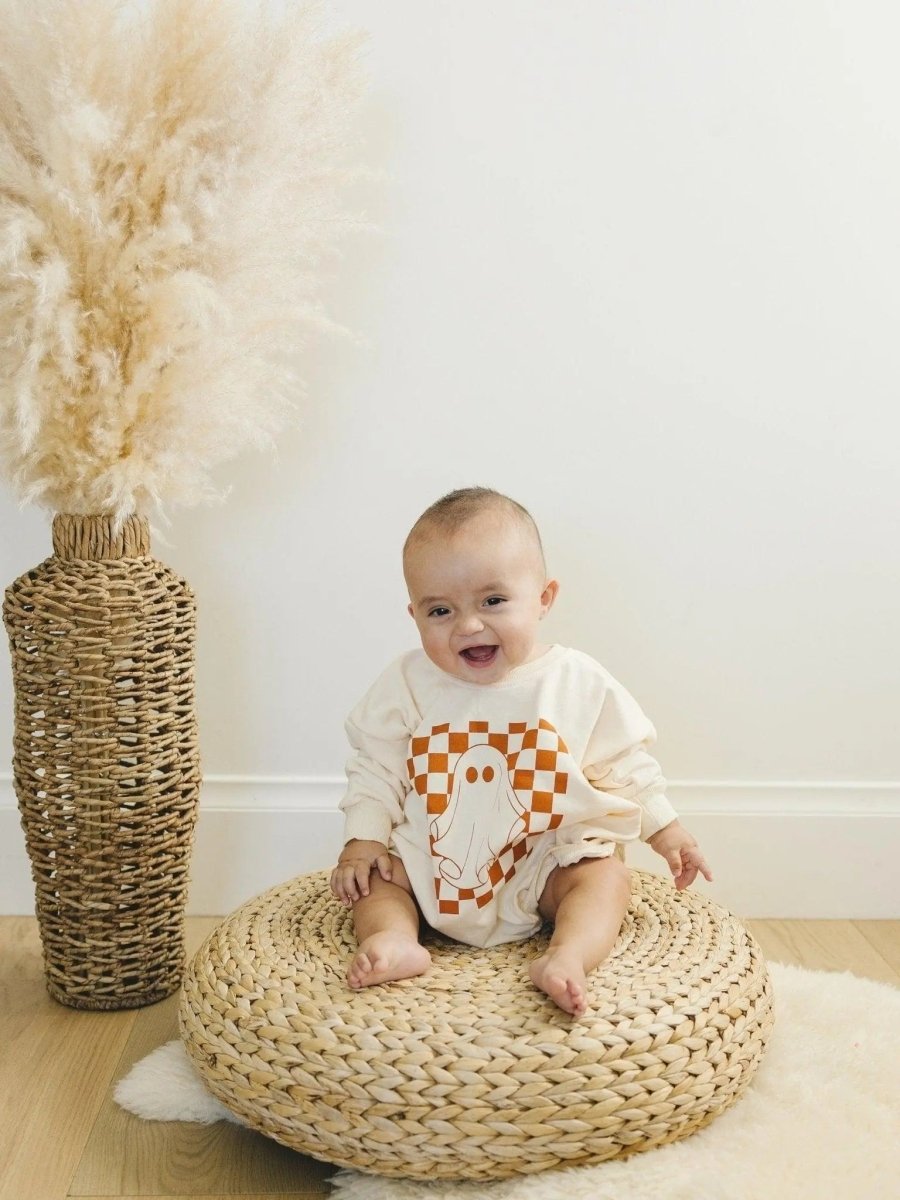 Little Joy Co. Checkered Ghost Sweatshirt Romper Oversized With Snaps - Everetts Place Boutique - 